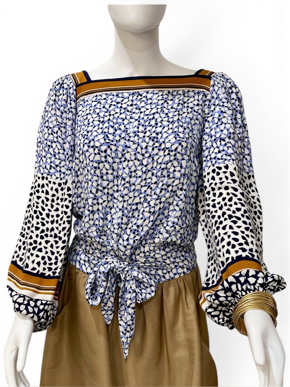 Maeve by Anthropologie Tie-Front Blue & White Square-Neck Open Back Top Large
